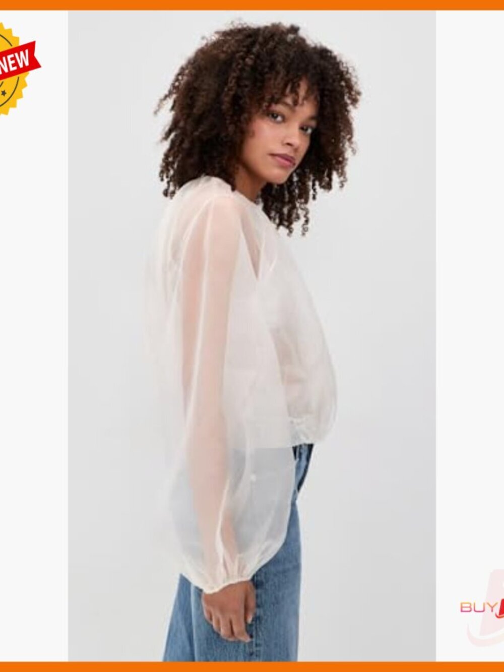 Silk Sheer Balloon Blouse Long Sleeve Crew Neck Pull On - Picture 5 of 6